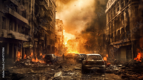 Burned out city street with no one on it, flames on the ground, and distant explosions of smoke. Apocalyptic perspective of the city center as a design for a catastrophe movie poster