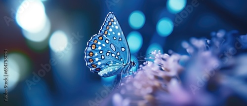 Pretty blue wing butterfly in outdoor garden sitting on flowers, peaceful serene late evening dusk with colorful bokeh blur light circles in background, panoramic macro closeup.