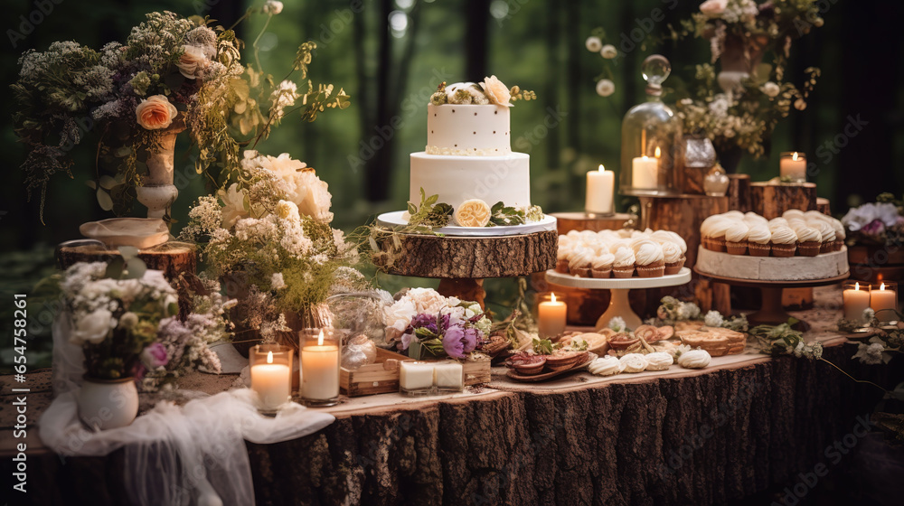 Boho Dessert Table, Set of Rustic Cakes with Cupcakes and Macarons, Decorated with Fresh Flowers