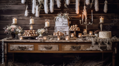 Boho Dessert Table, Set of Rustic Cakes with Cupcakes and Macarons, Decorated with Fresh Flowers © Magenta Dream