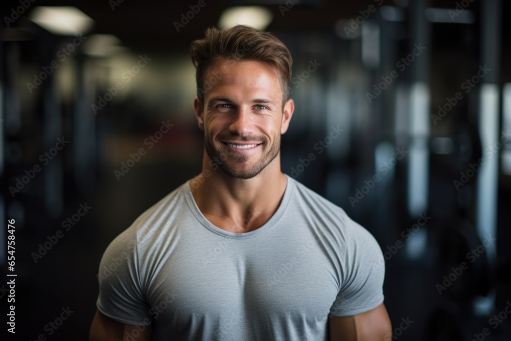 Smiling portrait of a young male caucasian fitness trainer in an indoor gym Smiling portrait of a young male caucasian fitness trainer in an indoor gym