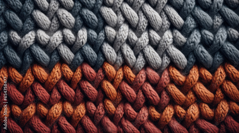 Сlose up knitted texture. Blue, brown, gray, orange colors.