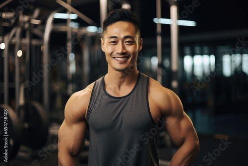Smiling portrait of a young male asian fitness instructor working in an indoor gym