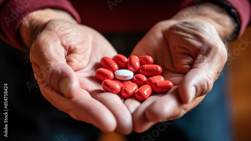 Close-up of a handful of pills in his hands.