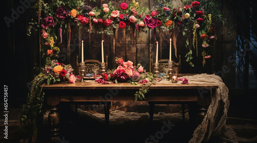 Wooden Dinner Table with Romantic Decoration Flower Arrangements and Hanging Leaves