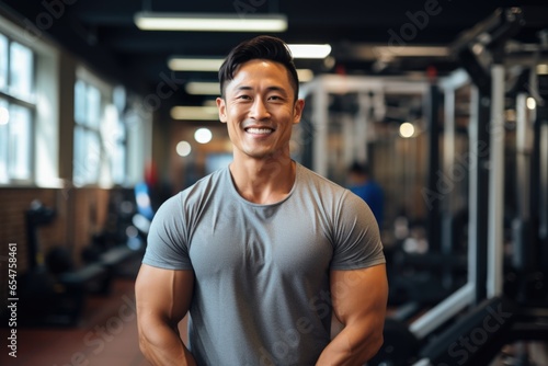 Smiling portrait of a young male asian fitness instructor working in an indoor gym
