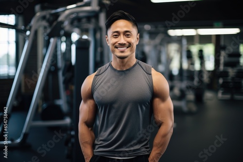 Smiling portrait of a young male asian fitness instructor working in an indoor gym