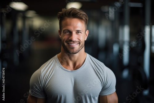 Smiling portrait of a young male caucasian fitness trainer in an indoor gym