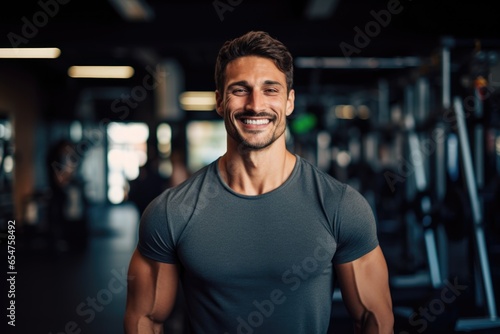 Smiling portrait of a young male caucasian fitness trainer in an indoor gym