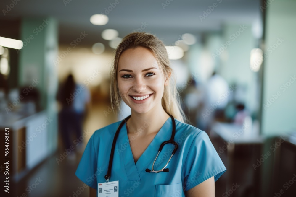 Smiling portrait of a happy female caucasian nurse working in an office - obrazy, fototapety, plakaty 