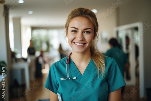 Smiling portrait of a happy female caucasian nurse working in an office photo