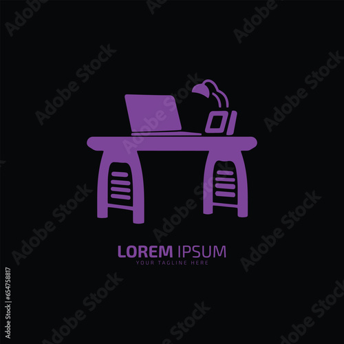 table logo, office table vector, desk icon, with laptop and lamp silhouette design minimal symbol