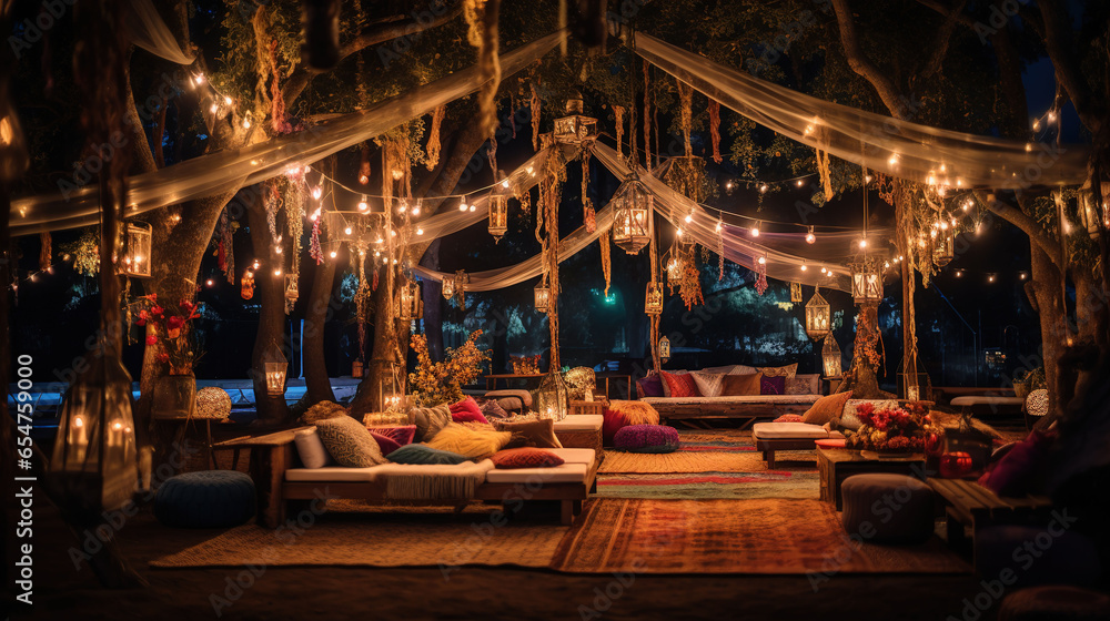 Bohemian Dance Floor with String Lights and Decorative Fabric Rugs