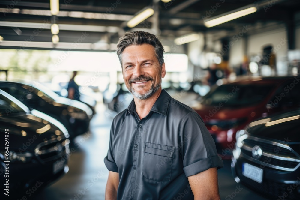 Smiling portrait of a middle aged caucasian car mechanic working in a mechanic shop - obrazy, fototapety, plakaty 