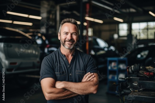 Smiling portrait of a middle aged caucasian car mechanic working in a mechanic shop