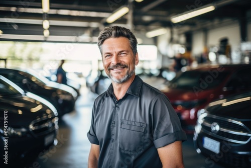 Smiling portrait of a middle aged caucasian car mechanic working in a mechanic shop photo
