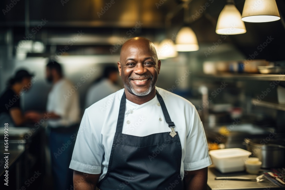 Smiling portrait of a middle aged african american chef working in a restaurant kitchen Smiling portrait of a middle aged african american chef working in a restaurant kitchen