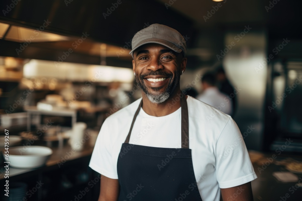 Smiling portrait of a middle aged african american chef working in a restaurant kitchen Smiling portrait of a middle aged african american chef working in a restaurant kitchen