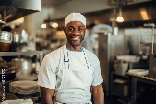 Smiling portrait of a middle aged african american chef working in a restaurant kitchen