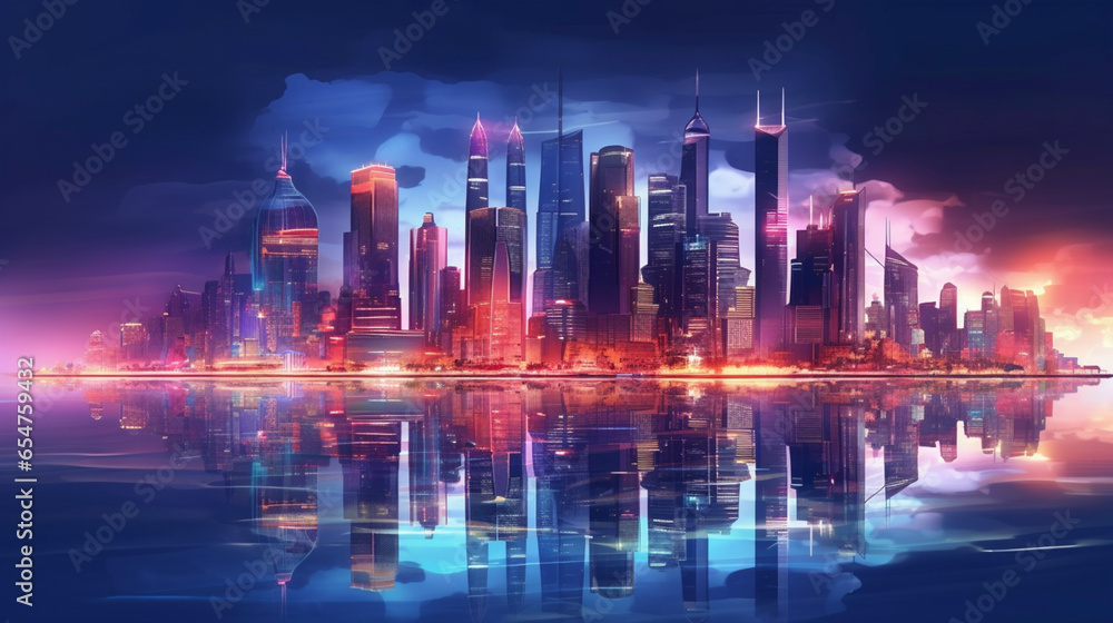 Night city, neon lights of the metropolis. Reflection of neon lights in the water Night city, neon lights of the metropolis. Reflection of neon lights in the water