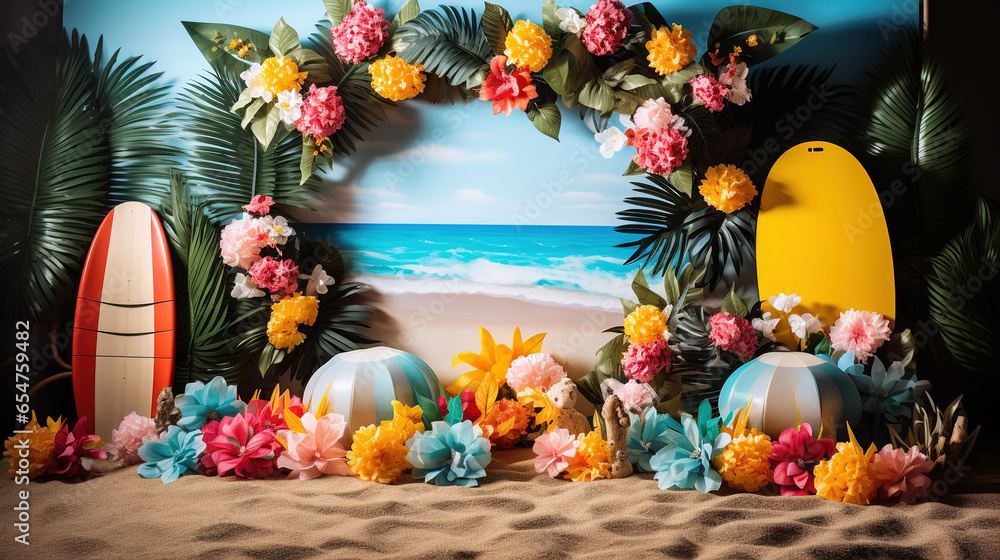 Beach Themed Photo Booth With Backdrop Of Sand, Surfboards, Beach Balls, Tropical Props-Standard