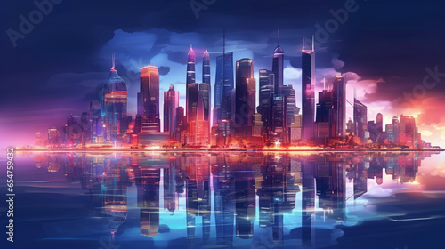 Night city, neon lights of the metropolis. Reflection of neon lights in the water