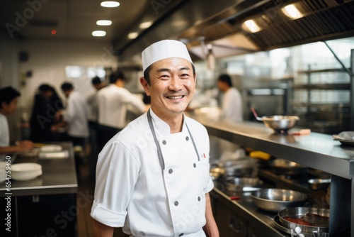 Smiling portrait of an asian chef working in a restaurant kitchen