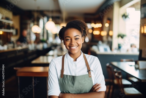 Smiling portrait of an african american waitress working in a cafe or bar © Baba Images