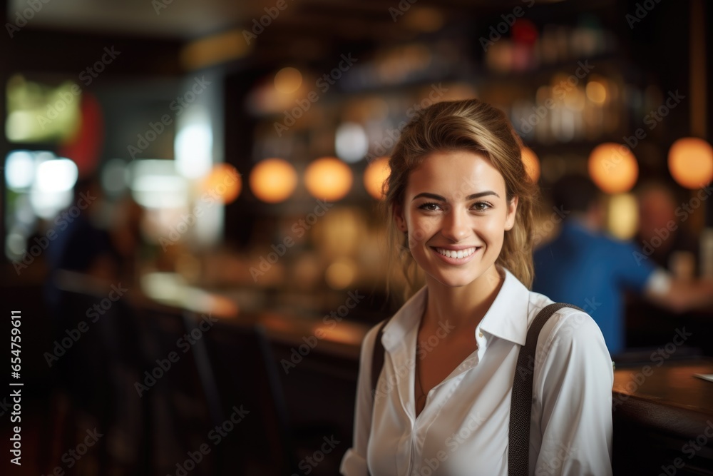 Smiling portrait of a happy female caucasian bartender working in a cafe or bar Smiling portrait of a happy female caucasian bartender working in a cafe or bar