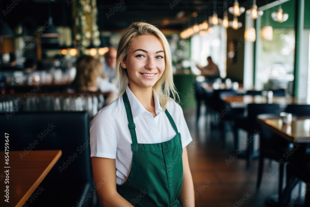 Smiling portrait of a happy female caucasian bartender working in a cafe or bar Smiling portrait of a happy female caucasian bartender working in a cafe or bar