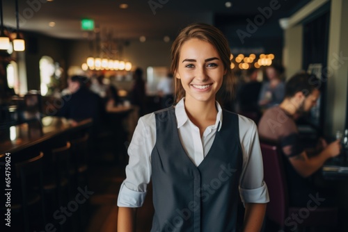 Smiling portrait of a happy female caucasian bartender working in a cafe or bar