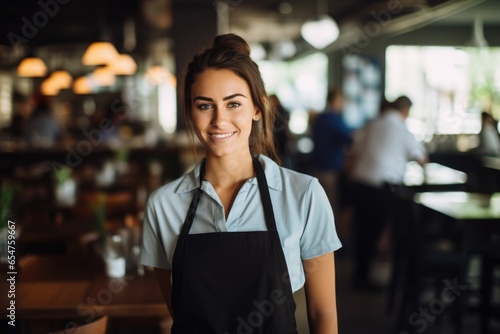 Smiling portrait of a happy young female caucasian waitress working in a cafe or bar