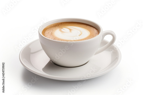 Tasty cup of foamed and decorated coffee on white background