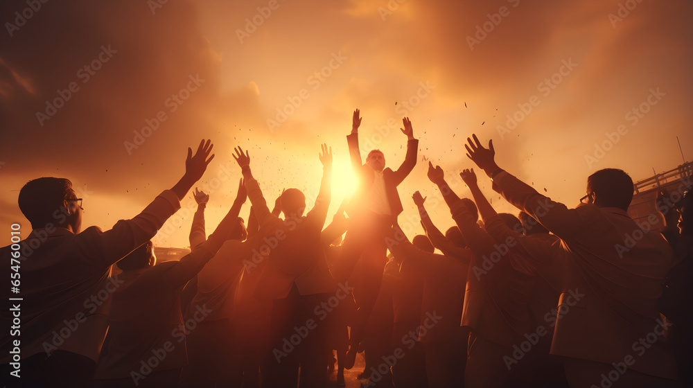 Silhouette of group of people dancing and clapping at sunset Teamwork concept. Generative ai