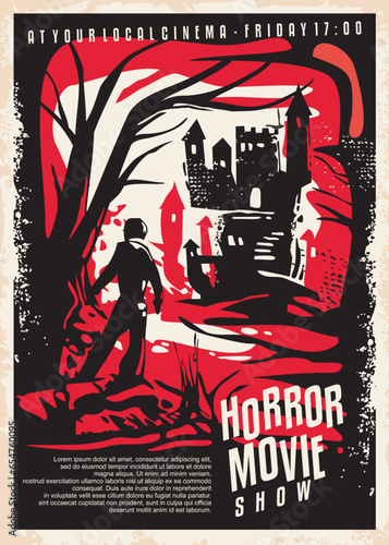 Silhouette of the man in the forest looking at the dark castle in the distance, artistic vector illustration. Horror movie poster idea with unique graphic illustration. Film festival vintage flyer.