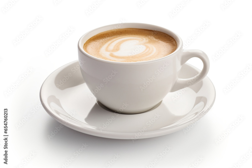 Tasty cup of foamed and decorated coffee on white background Tasty cup of foamed and decorated coffee on white background