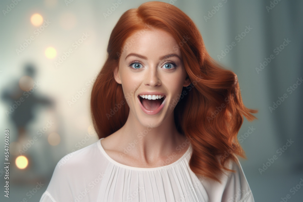 Joyful Elegance: Cheerful Young Woman with Ginger Hair Tied in a Knot Smiles Happily, Reacting to Positive News in a White Blouse, Gazing with Excited Joy.