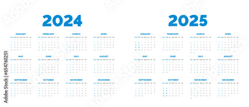 2024 Calendar and 2025 Calendar vector illustration. week starts on Sunday, Simple planner design template, 2024 year corporate business calendar design template. use to wall, desk or business planner