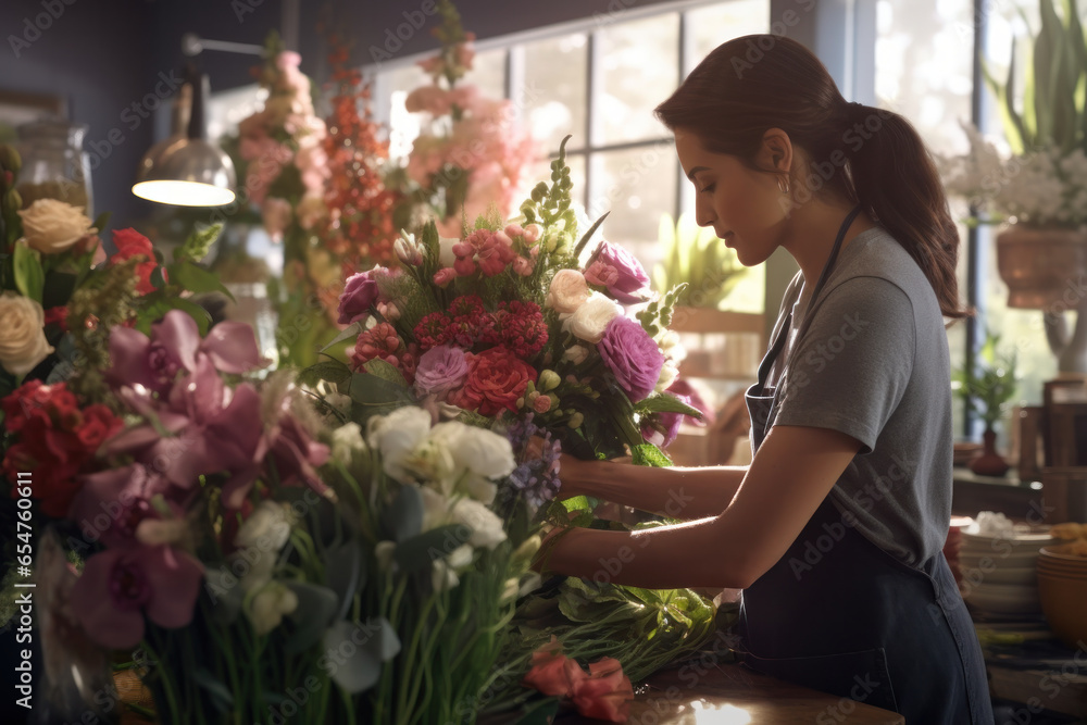 Floral Artistry: Female Florist Expertly Preparing a Beautiful Bouquet at Her Charming Flower Shop.
