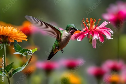 A humming bird hovering mid-air while sipping nectar from a vibrant flower