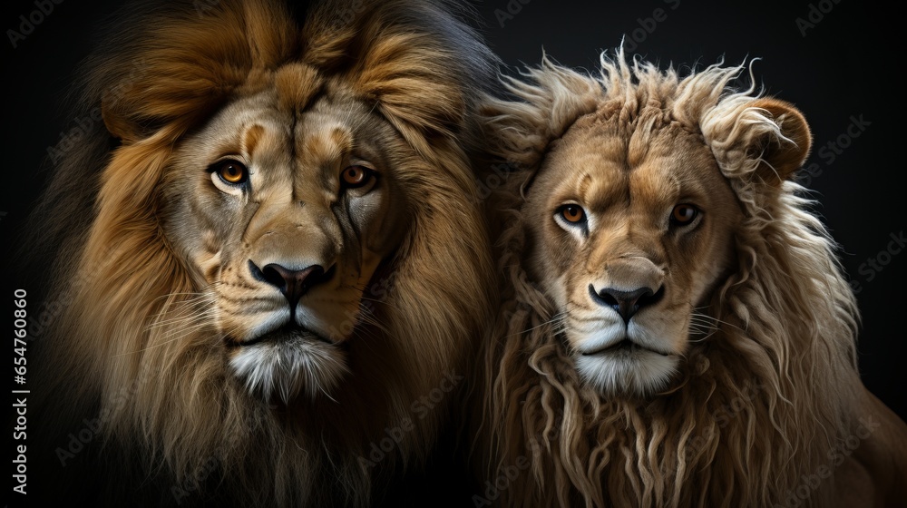 Lions on a plain background, an animal with a beautiful mane. Illustrative image with the king of the forest. Unusual shade of wool, fantasy. Lions on a plain background, an animal with a beautiful mane. Illustrative image with the king of the forest. Unusual shade of wool, fantasy.