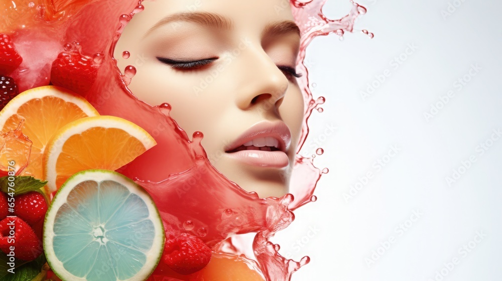 Woman's face with fruits and berries. Cosmetic concept, berry, fruit acid peeling, serum, vitamin face mask. Minimalistic creative composition. - obrazy, fototapety, plakaty 