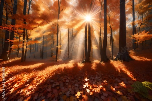 Autumn forest nature. Vivid morning in colorful forest with sun rays through branches of trees. Scenery of nature with sunlight