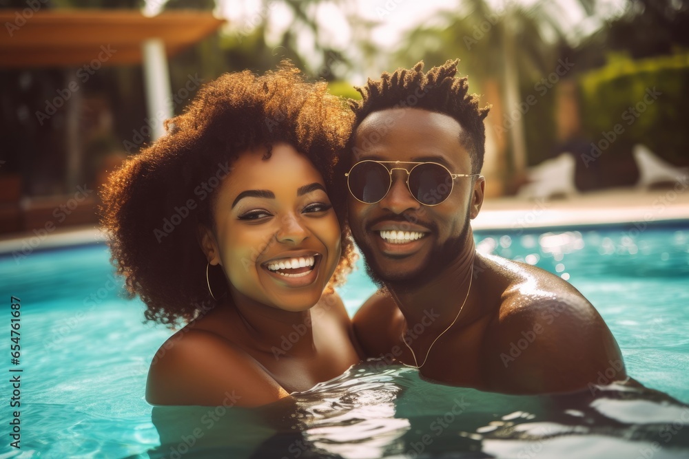 Young African American couple having fun in a swimming pool in hotel resort. Summer vacation. generative AI, Generative AI  - obrazy, fototapety, plakaty 