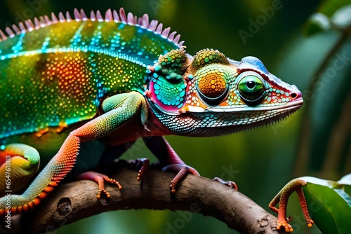 A close-up of a brilliantly colored chameleon on a tropical tree branch 
