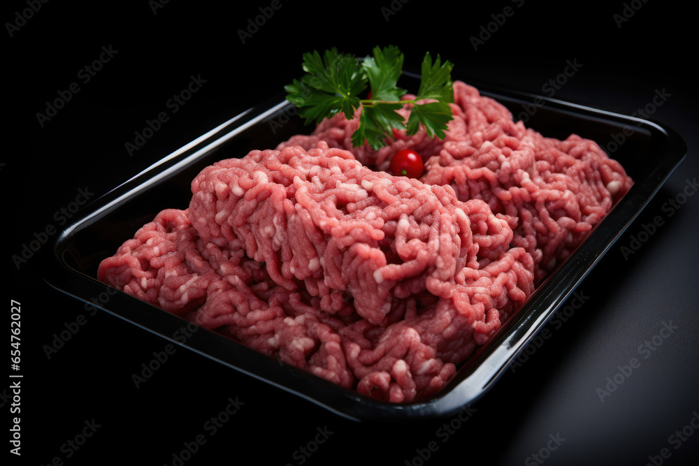 Raw Meat Medley: Uncoked Mince Ground Meat, a Blend of Beef and Pork, Displayed in a Kitchen Tray Against a Bold Black Background. Raw Meat Medley: Uncoked Mince Ground Meat, a Blend of Beef and Pork, Displayed in a Kitchen Tray Against a Bold Black Background.
