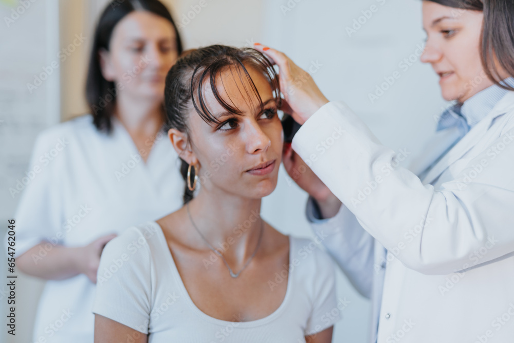 In a medical setting, a doctor examines an young patient eyesight, hearing, and throat for accurate diagnosis and tailored treatment solutions. In a medical setting, a doctor examines an young patient eyesight, hearing, and throat for accurate diagnosis and tailored treatment solutions.