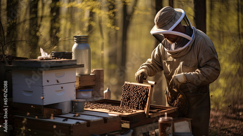 beekeeper looking at his bees outdoors