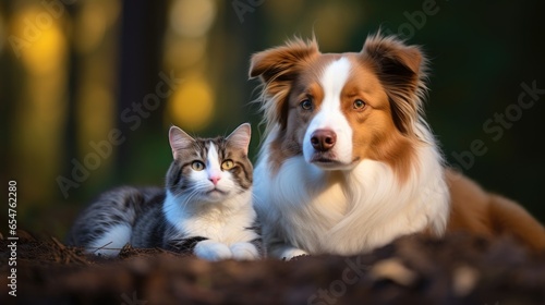 Portrait of border collie dog and cute cat in nature