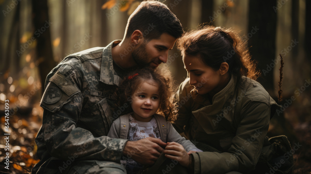 Mom and dad in military uniform hug their child. Military family month concept. - obrazy, fototapety, plakaty 